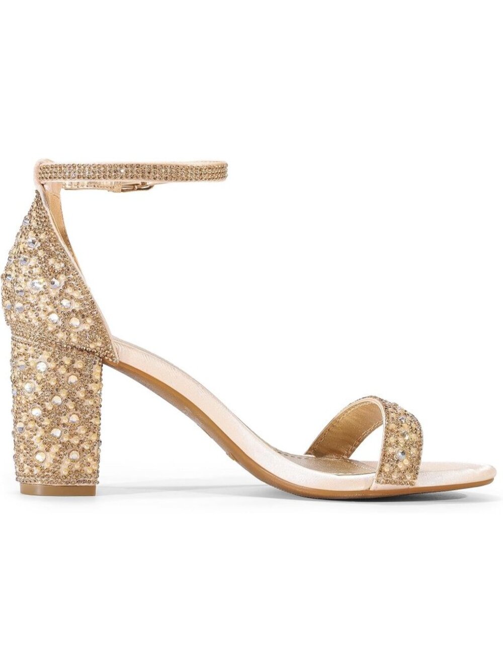 Womens Gold Rhinestone Comfortable Open Toe Ankle Strap Chunky Block Heel Sandal - Picture 5 of 6